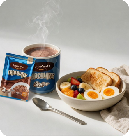 Chocolate drink, bread, eggs and fruits